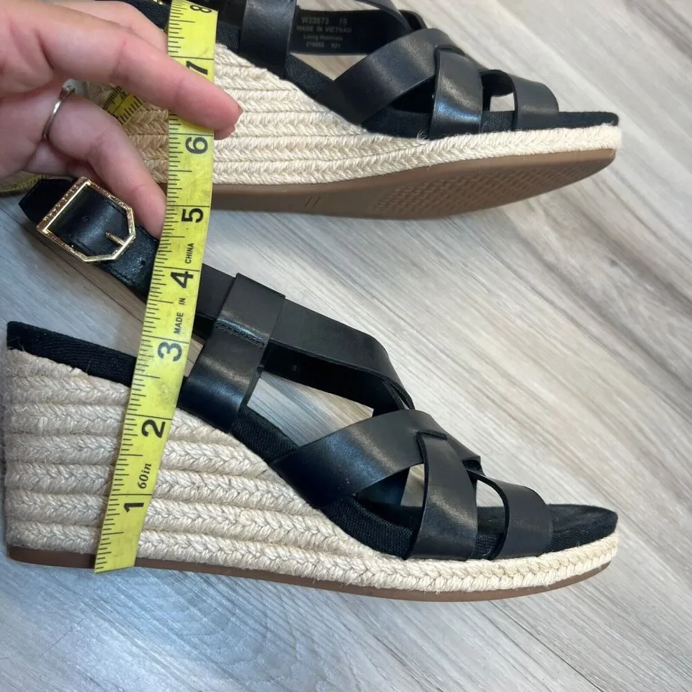 Cole‎ Haan W23573 Crystal Sandal Wedge Black Women Size 7B Leather Espadrilles
